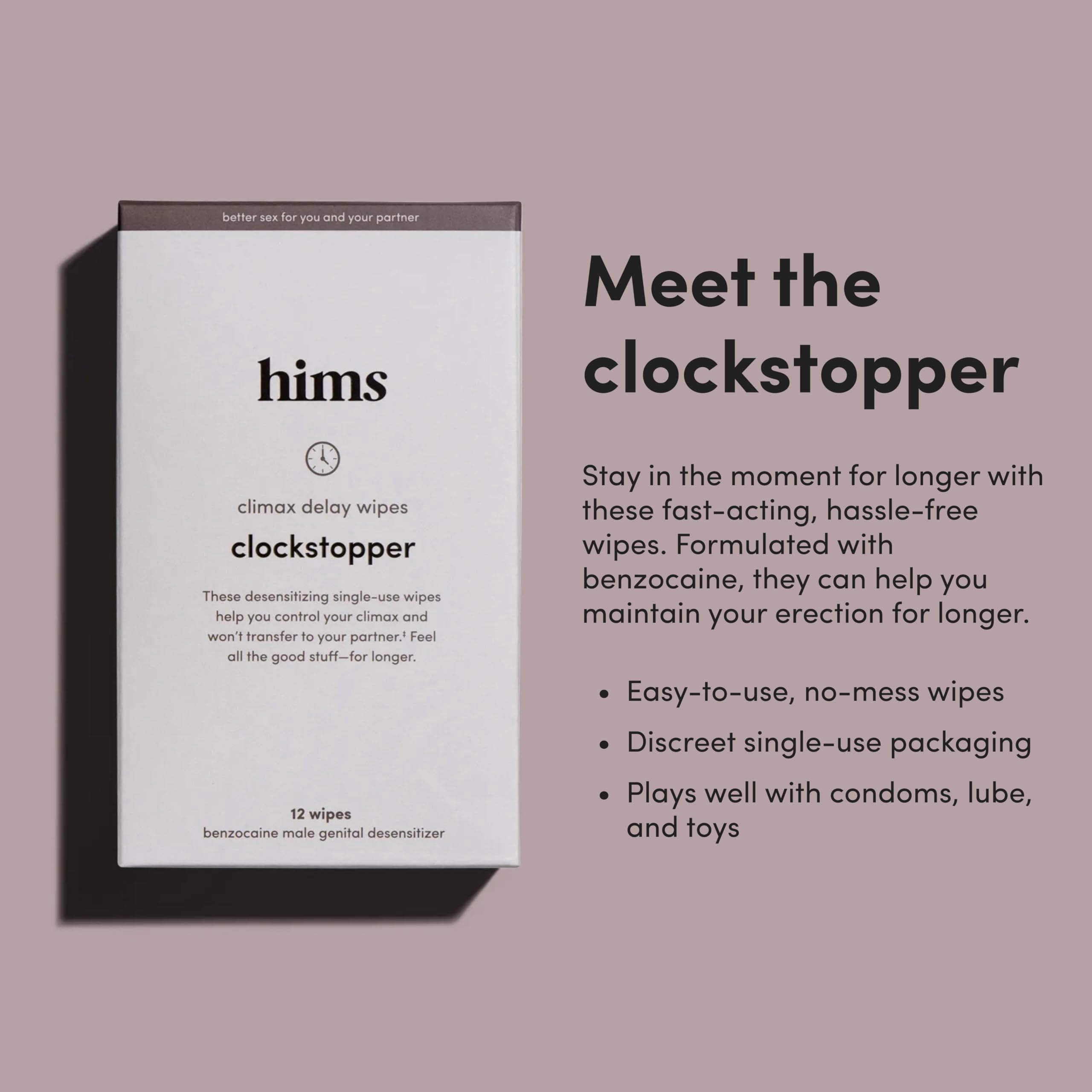 HIMS Clockstopper Climax Delay Wipes with benzocaine to Reduce Sensitivity for Premature Ejaculation and Lasting Longer in Bed 12 Pack Individually Wrapped Wipes