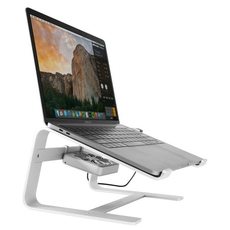Macally Laptop Stand with Cooling Fan for Desk, Sturdy Aluminum Frame with Apple Finish, Quiet Cooler Fan, Fits All Notebooks from 10
