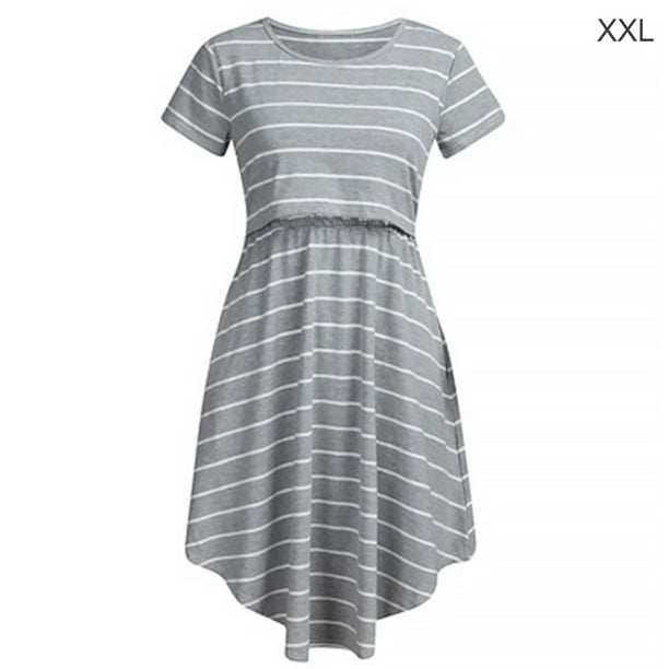 Sonducket Vestido de enfermería Vestido de rayas de manga corta Trajes de mujer que amamanta Vestidos Gris XXL