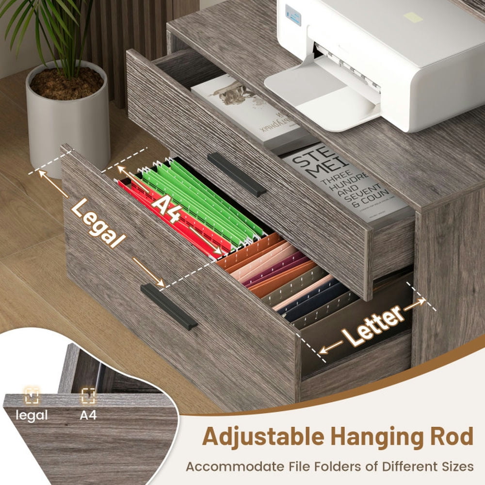 Demi Bonn 2 Drawer Freestanding File Cabinet with Charging Station and 3-Tier Open Shelves, Gray