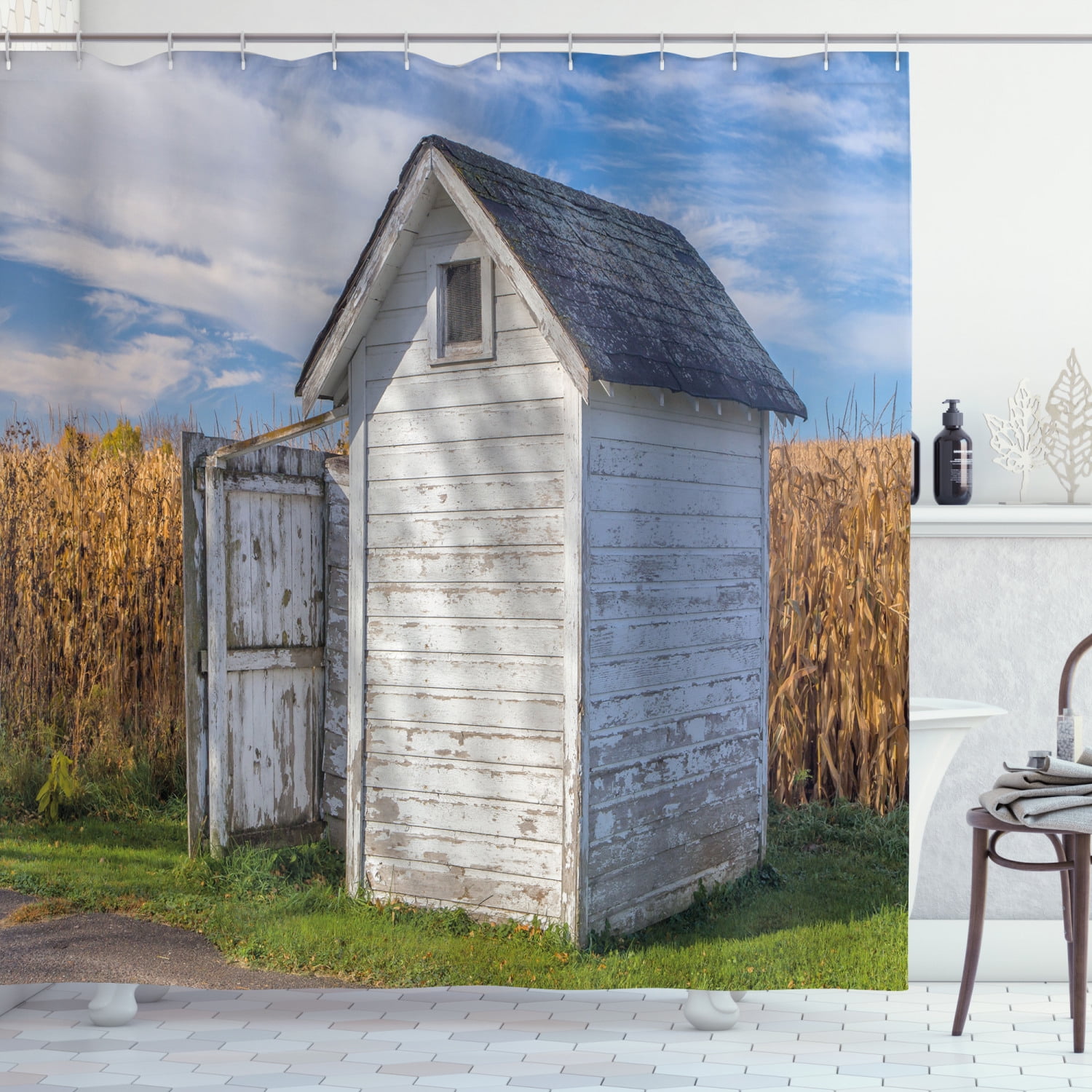Outhouse Shower Curtain, Country Farm Life Cottage with Wheat and Grass