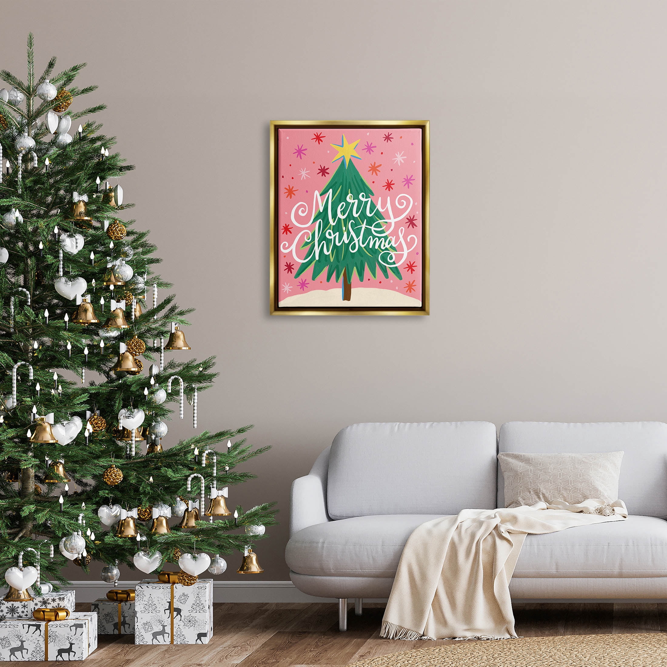 Merry Christmas Pink Starry Pattern Holiday Graphic Art Metallic Gold Framed Art Print Wall Art
