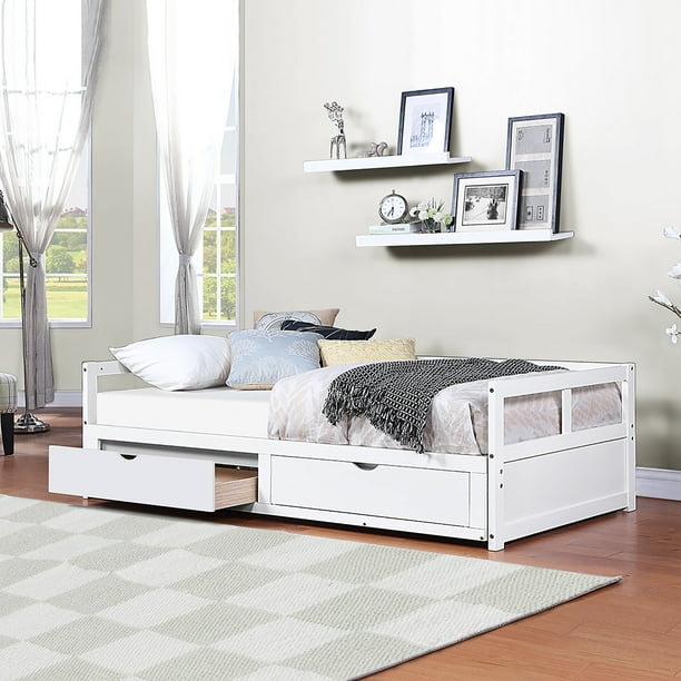 Wooden Daybed With Trundle Bed And Two Storage Drawers Luxurious Can Be Extendable From Twin Size To King Sofa For Bedroom Living Room Com Wooden Daybed With Trundle Bed And Two, Double Trundle Bed King Size