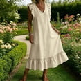 thumbnail image 5 of Bohemian Beach Linen Dress for Women Elegant Summer Boho Maxi Dresses Ruffle Vintage Sundress Holiday Flowy Loose Swing Long Dresses for Evening Night Out Beige M, 5 of 6