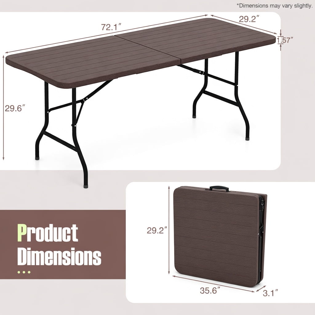 Hommoo 6 ft Folding Picnic Table with Weatherproof Wood-Grain HDPE Top, Heavy-Duty Metal Frame, Coffee