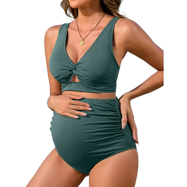 Charmo V Neck Maternity Swimsuits Ribbed Twist Front Bikini Sets High Waist Pregnancy Bathing Suits for Womens