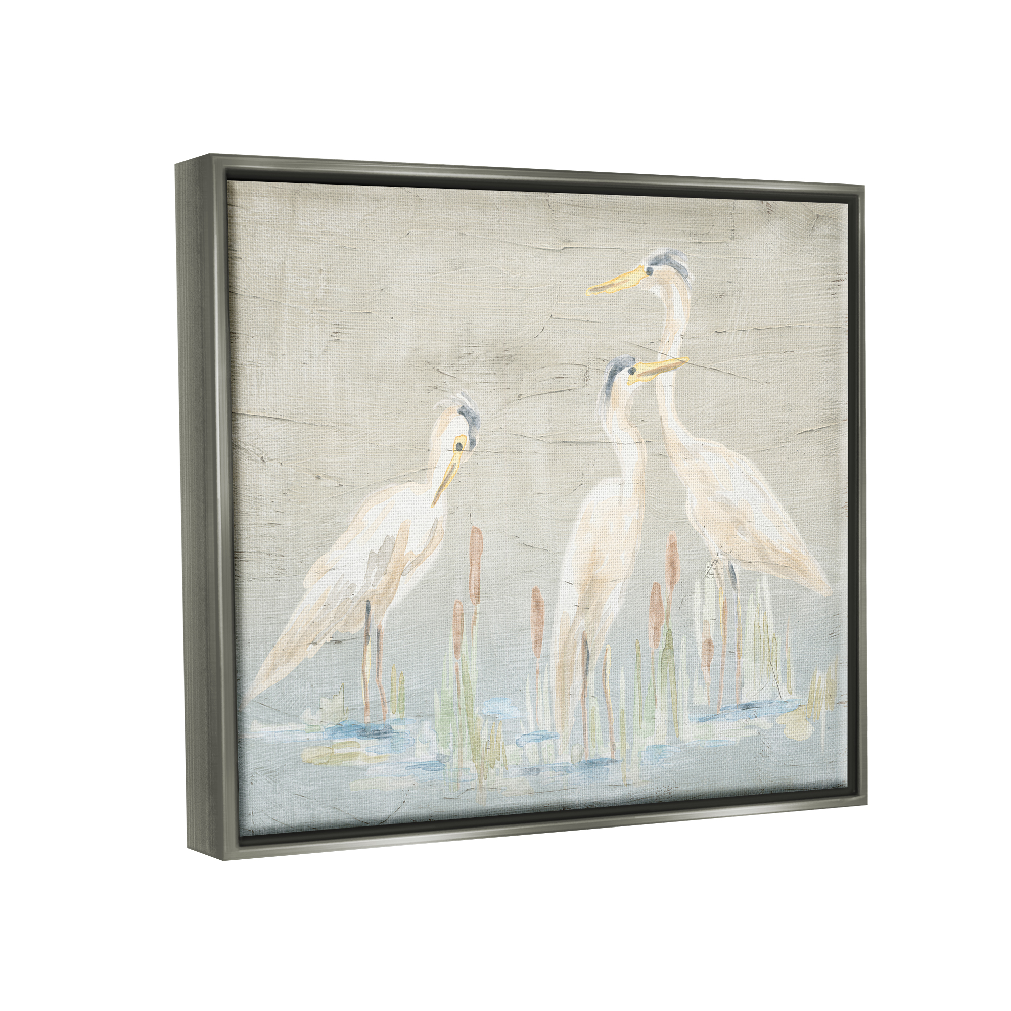 Stupell Industries Rustic Herons Scene Animals & Insects Painting Gray Floater Framed Canvas Art Print Wall Art, 31 x 25