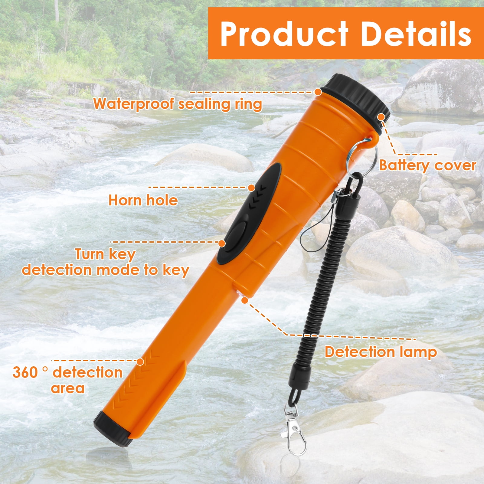 Ikoopy Waterproof Metal Detector with Hanging Storage Bag 360° Detection Handheld Pin Pointer Wand for Outdoor Beach Treasure