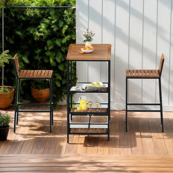 GVN 3 Pieces Outdoor Wood Bar Set with 3-Tier Storage Shelf and Metal Frame