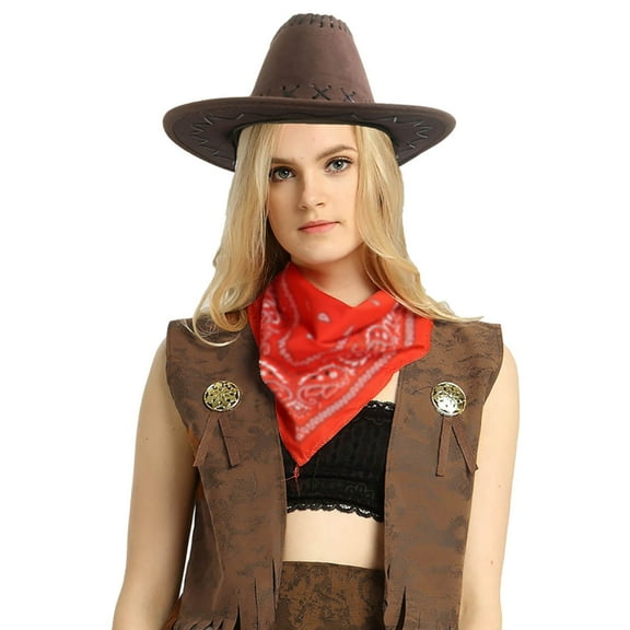 Celivon Cowgirl Outfits For Women 3 Piece Hat Scarf Vest Sets Vintage Western Cowboy Themed Sets Party Club Casual Daily Wear