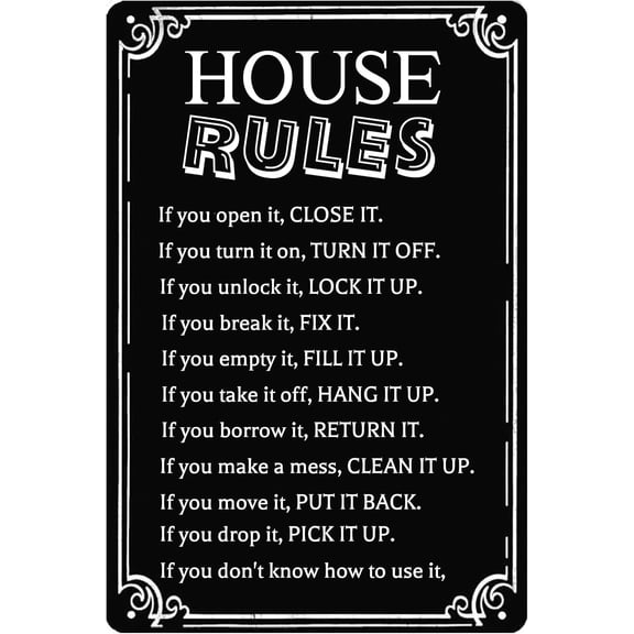 House Rules Funny Tin Sign If You Open It Close It If You Turn It On Turn It Off Rustic Hanging Wall Plaque Metal Signs for Home Garden Bars Office Club Man Cave Decor 12 X 8 inch