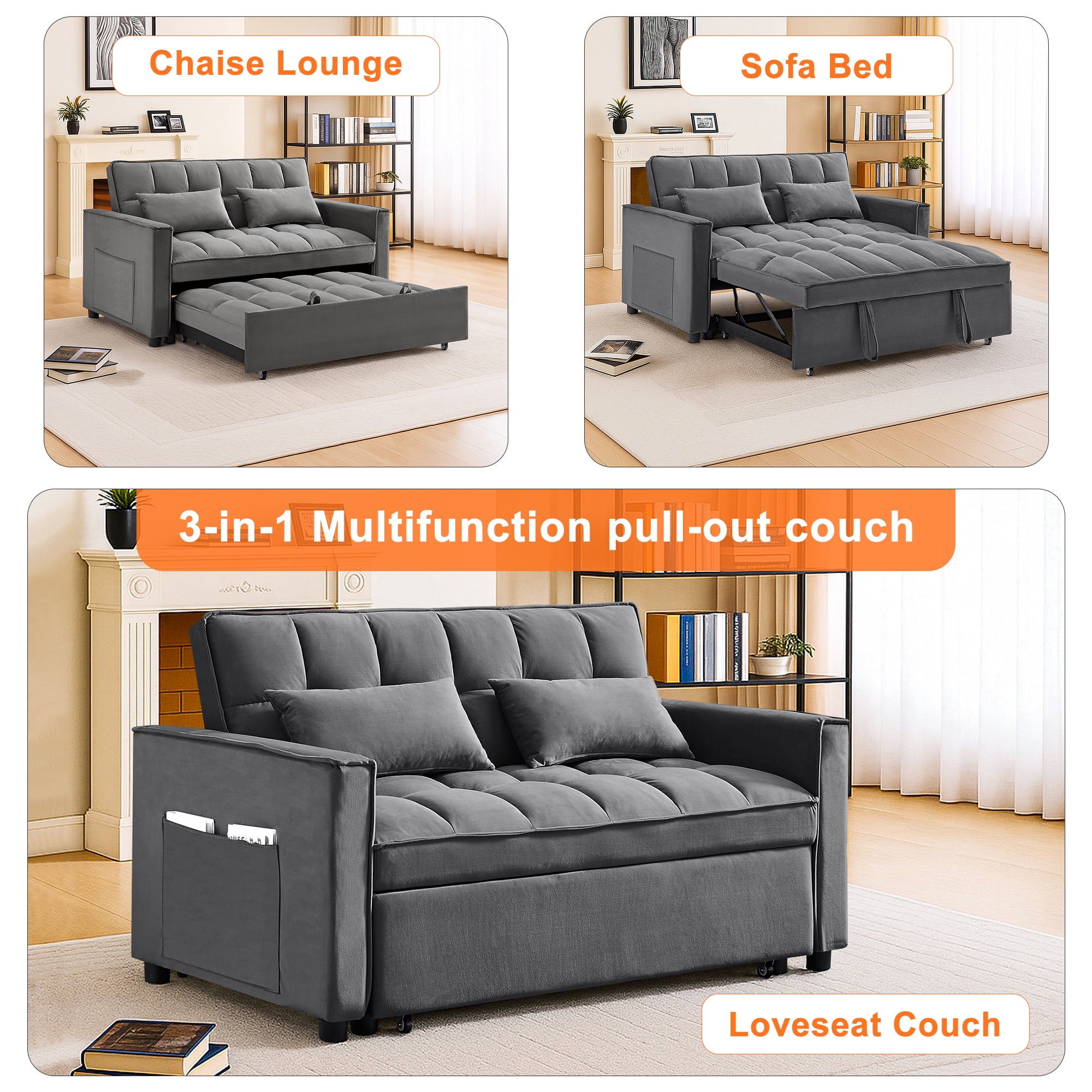 Kadyn Futon Sofa Bed, 54" Adjustable Backrest Convertible Futon Sofa for Living Room, Futon Sleeper Sofa with Side Pouch, Gray