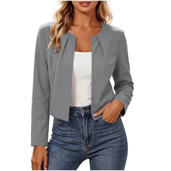 Open Front Jackets For Women Pleated Crew Neck Long Sleeve Cropped Outwear Casual Business Office Suit Jackets (XL, Gray)