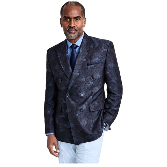 Tayion Mens Classic fit Double Breasted Suit Jacket Blazer 44 R Blue Floral