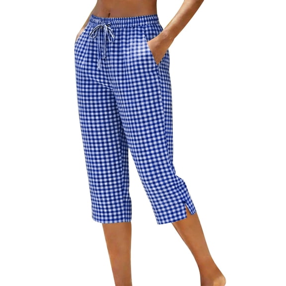 Sahpxhe Plaid Capri Pants for Women Elastic Waist Casual Straight Leg Pants Side Slit Relaxed Fit Comfy Summer Beach Pants Blue L