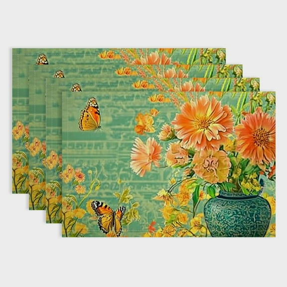 BCIIG Yellow Butterfly and Flowers Placemats Set of 4 Floral Spring Place Mat Machine Washable Table Pad Heat Resistant Table Mat Wrinkle Free Thick Burlap Kitchen Place Mats for Dining Table 18x12in