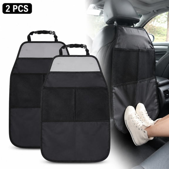 2 Pack Car Seat Back Protector, Kick Guard with Mesh Storage Pockets & Faux Leather Trim, Black