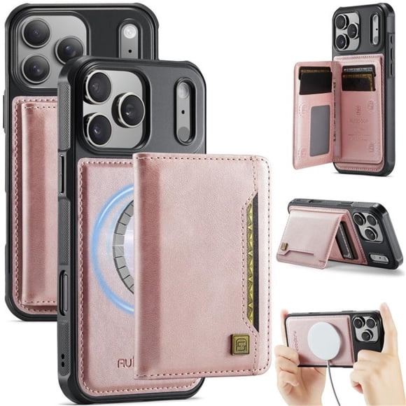 AutSpace Funda para Apple iPhone 17 Pro, Bloqueo RFID, Cuero PU, Compatible con MagSafe, Billetera Desmontable 2 en 1 con Tarjetero, Soporte, Cubierta Protectora Magnética, Rosa, para iPhone 17 Pro