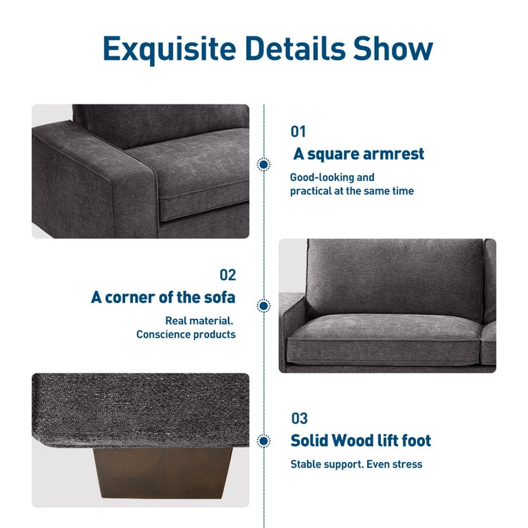 ABAKAN Comfy Wide Sitting 3-Seat Linen Sofa, Solid Wood