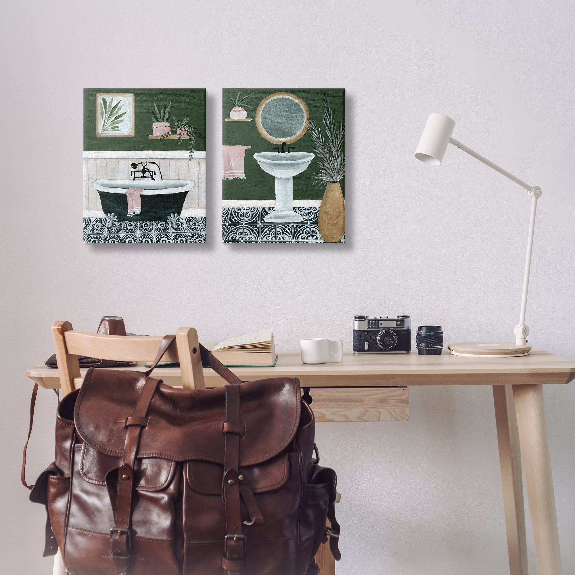 Stupell Industries Inviting Bold Green Bathroom Bath & Laundry Painting Wrapped Canvas Art Print Wall Art, 16 x 20, Set of 2