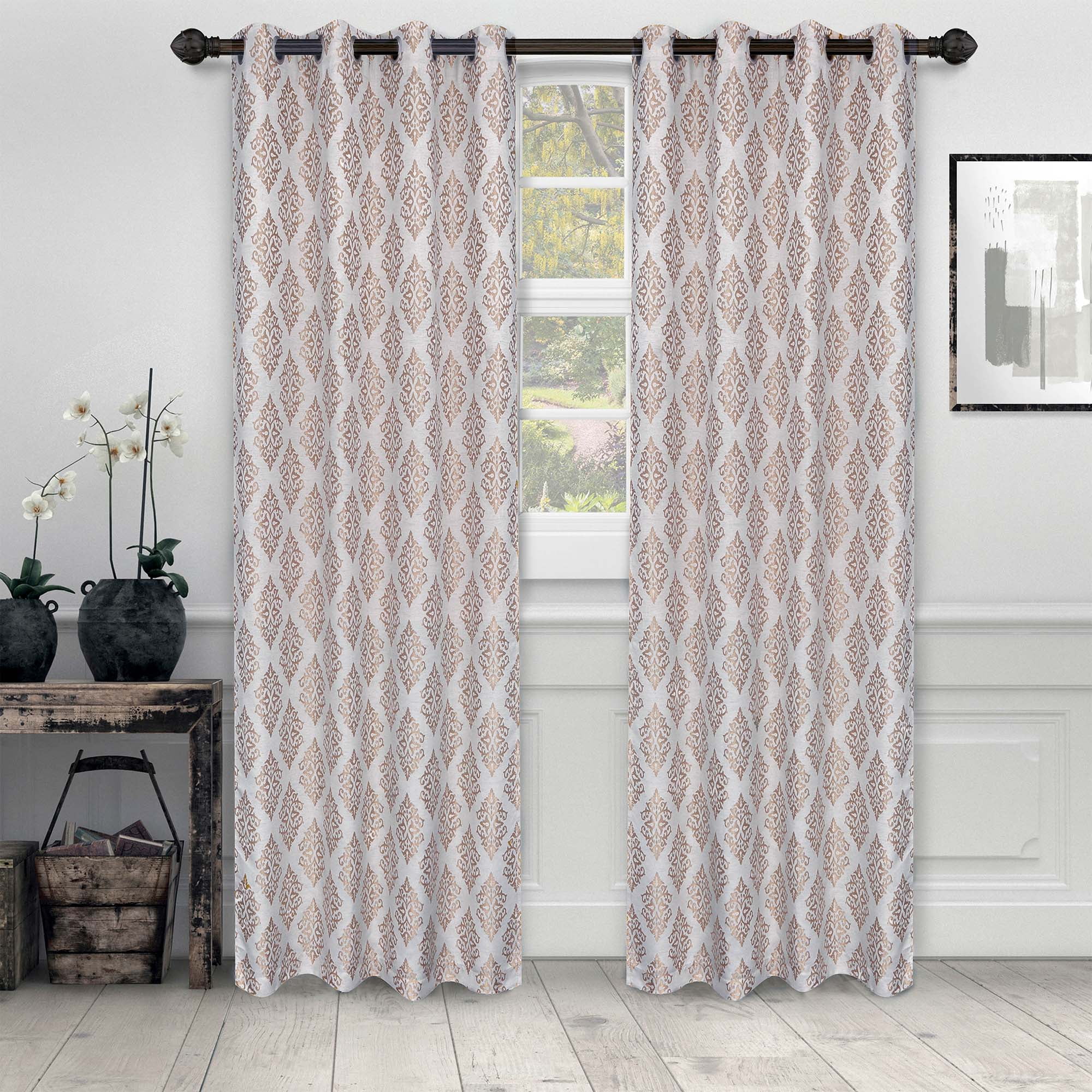 Superior Venetian Damask Jacquard Grommet Curtain Panel, Set of 2, 52" x 84", Brass