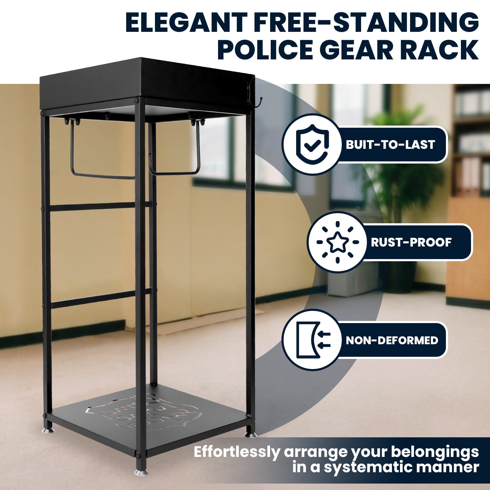 Police Gear Rack, Matte Black Carbon Steel, 43.3" Vertical Frame, Body Armor Storage Stand, 280lbs Heavy-Duty Capacity, Police Stations, Security Facilities