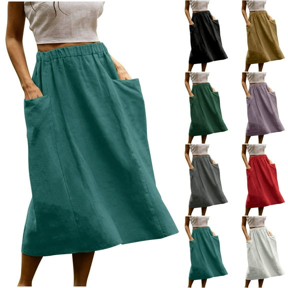 QATAINLAV Casual A Line Midi Skirts for Women Elastic High Waisted Swing Flared Skirt Summer Linen Beach Skirts with Pockets, Red, XXL, Gifts for Girls