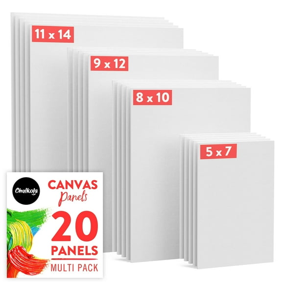 Chalkola Paint Canvases for Painting Multipack - 20 Pack Blank Canvas Panels - 5x7, 8x10, 9x12, 11x14 inch (5 Each) - 100% Cotton, Primed, Acid Free Art Canvas Boards for Painting