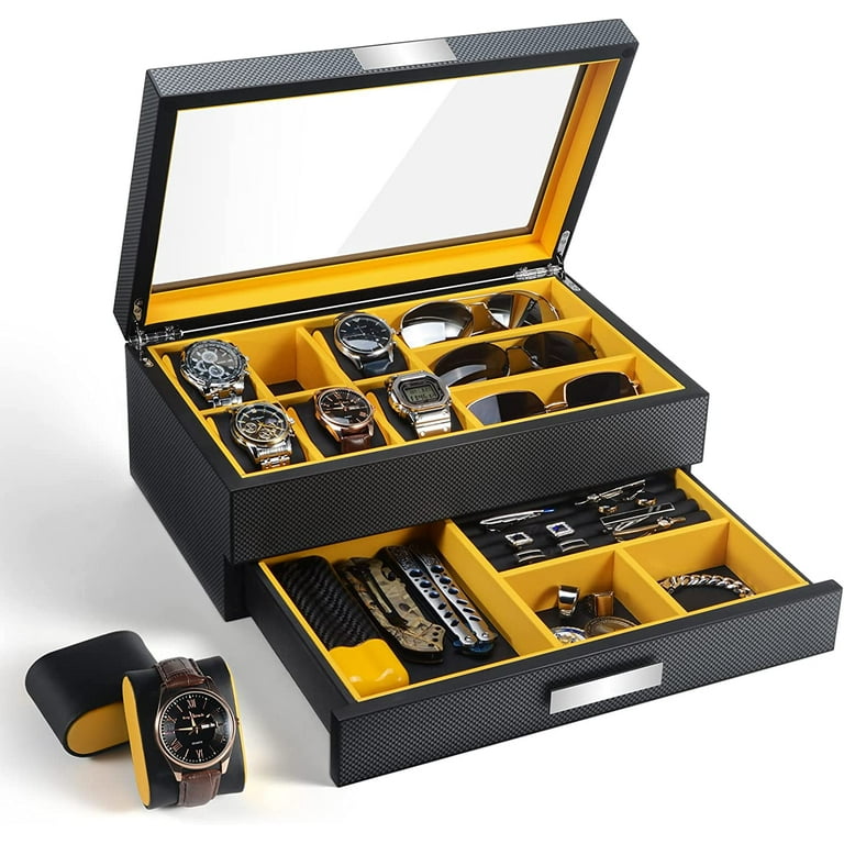 Watch Box Organizer for Men Wood Watch Display Case Jewelry Organizer with Drawer 6 Slot Luxury Watch Holder with Real Glass Top Watch Storage Gift Box for Sunglasses Cufflinks Rings and More