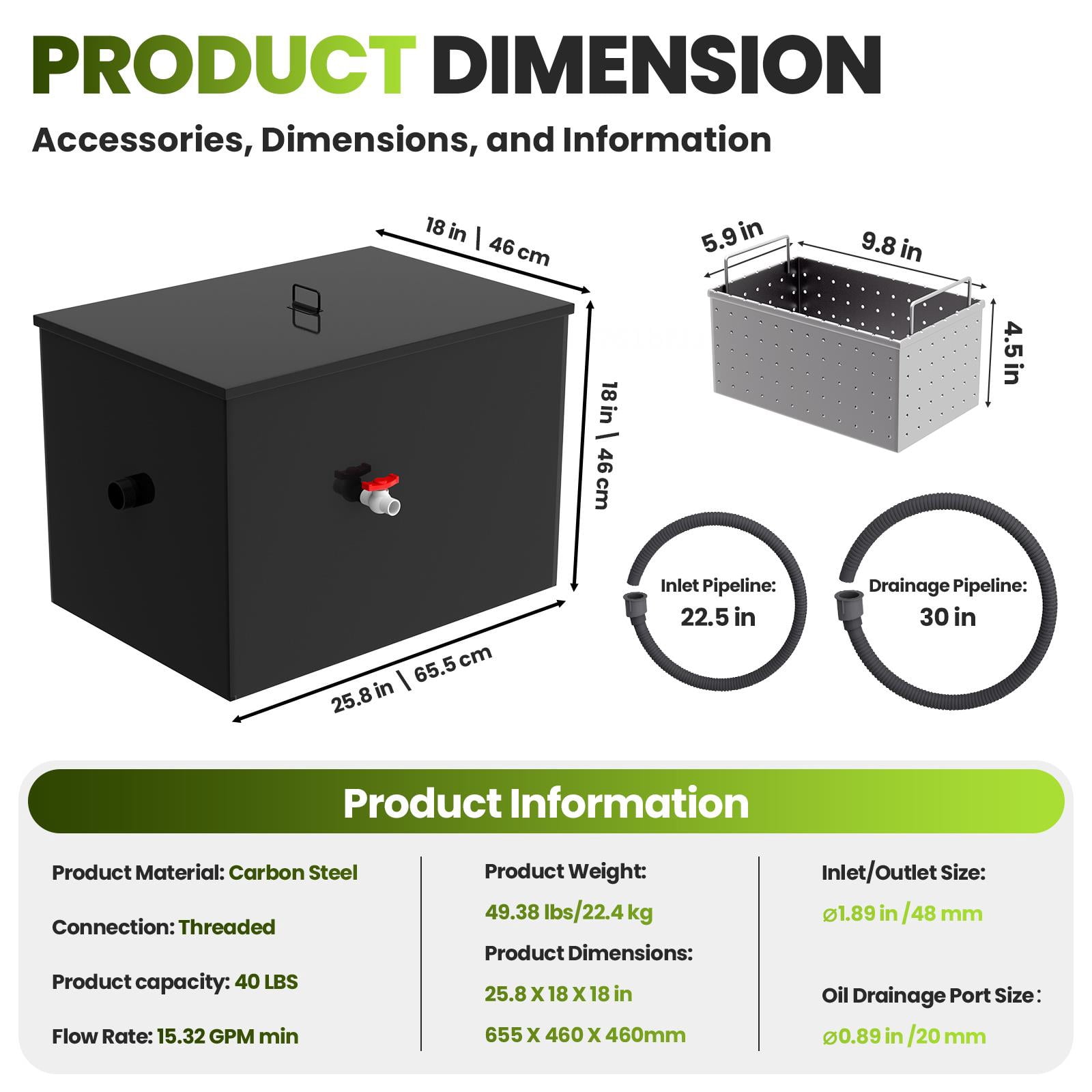 40 LBS Commercial Grease Trap, 15.32 GPM, Threaded Carbon Steel Under Sink Interceptor, 25.8" x 18" x 18" Oil-Water Separator for Kitchen