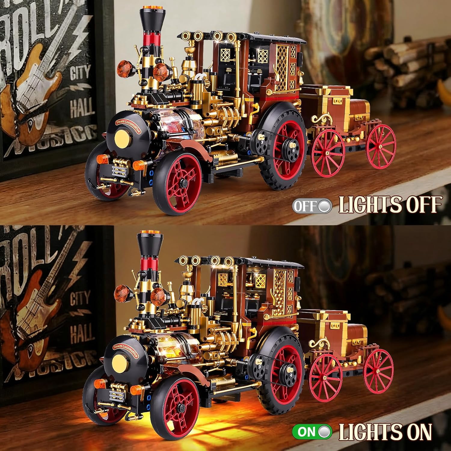 Vintage Car Steam Engine Building Blocks Set with Lights, Western Retro Steam Tractor Locomotive Model Building Kit for Vintage & West Lovers