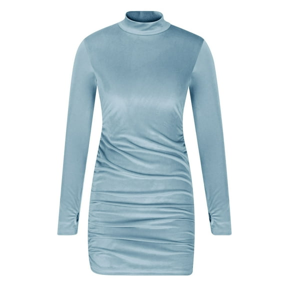 Leesech Womens Dresses Solid Color Fold Long Sleeve Turtleneck Full Dresses