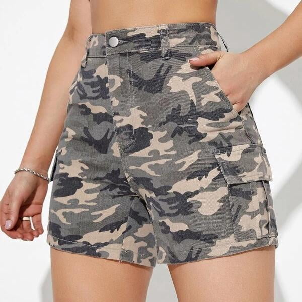 Camo Print Flap Pockets Side Denim 