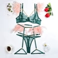 thumbnail image 2 of Lace Lingerie Set Feather Trim Chain Strappy 3/4 Cup Underwire Bra Panties with Garter Leg Loops for Honeymoon Dark Green Pink L, 2 of 4