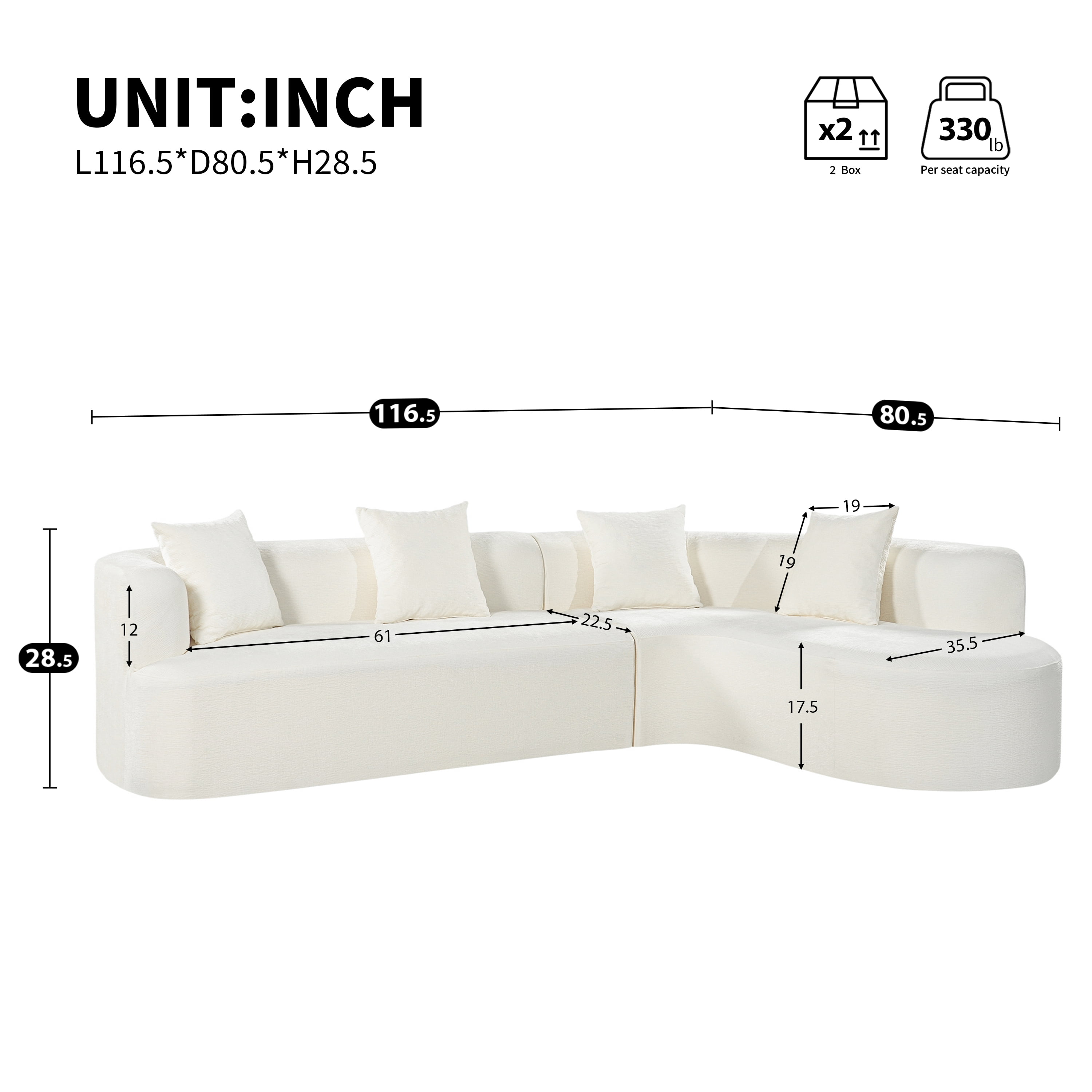 GARITIN Curved Cloud Couch 116.5 Inch, Oversized L Shaped Chenille Sectional Sofa with High Resilience Foam for Living Room, Beige