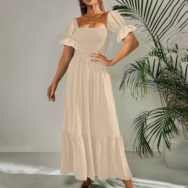 SMihono Robe d'Été Bohème pour Femmes Grande Taille Mode Décontractée Été Col Carré Manches Courtes Robe Longue