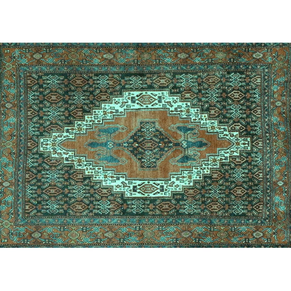 Ahgly Company Machine Washable Indoor Rectangle Medallion Turquoise Blue Traditional Area Rugs, 4' x 6'