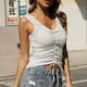 thumbnail image 3 of Camiseta sin mangas con cuello en V para mujer Camisas sin mangas de verano ajustadas de color puro con cordón fruncido, 3 of 6