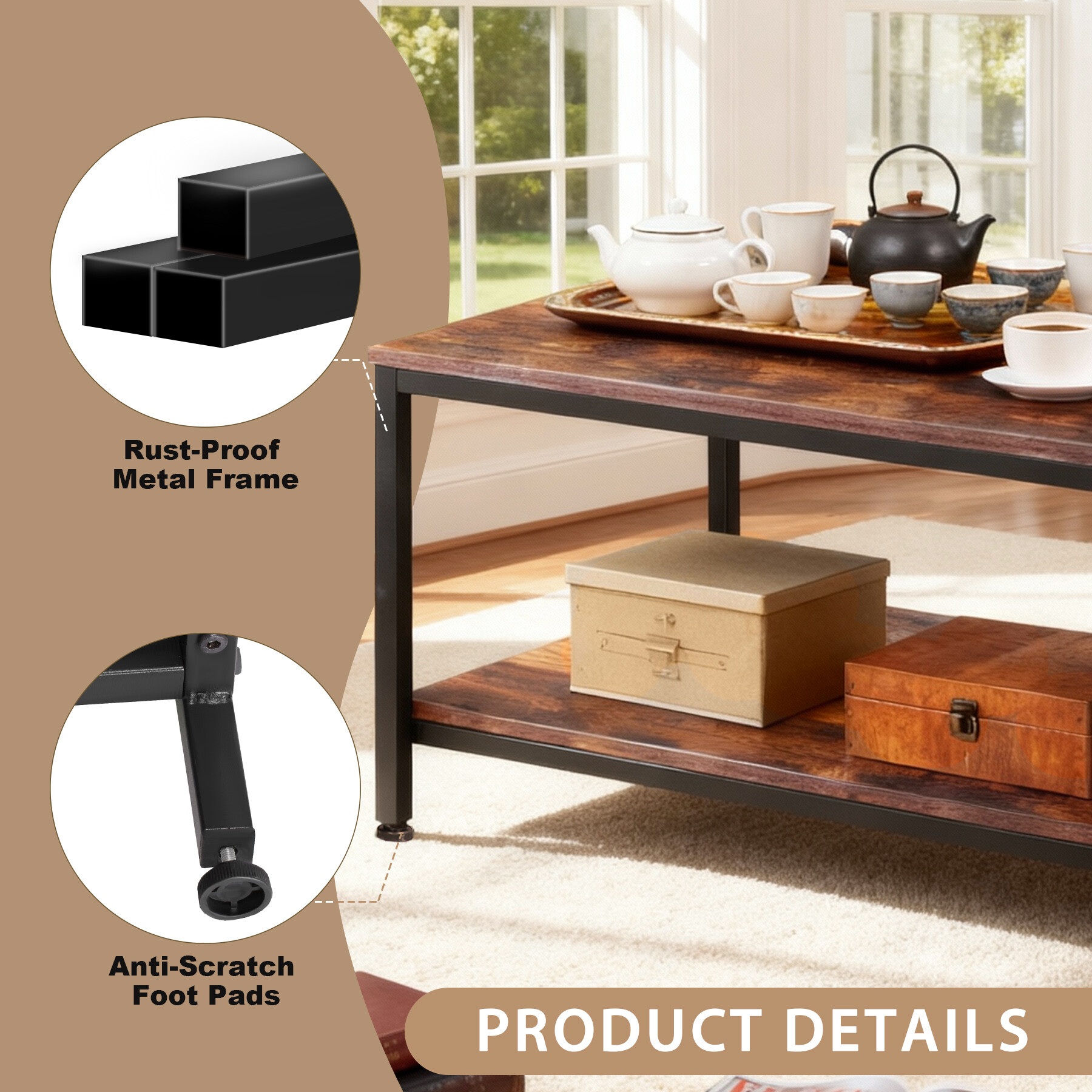 ZENY Modern Rectangle 2-Tier Coffee Table for Living Room Wood Frame, Brown