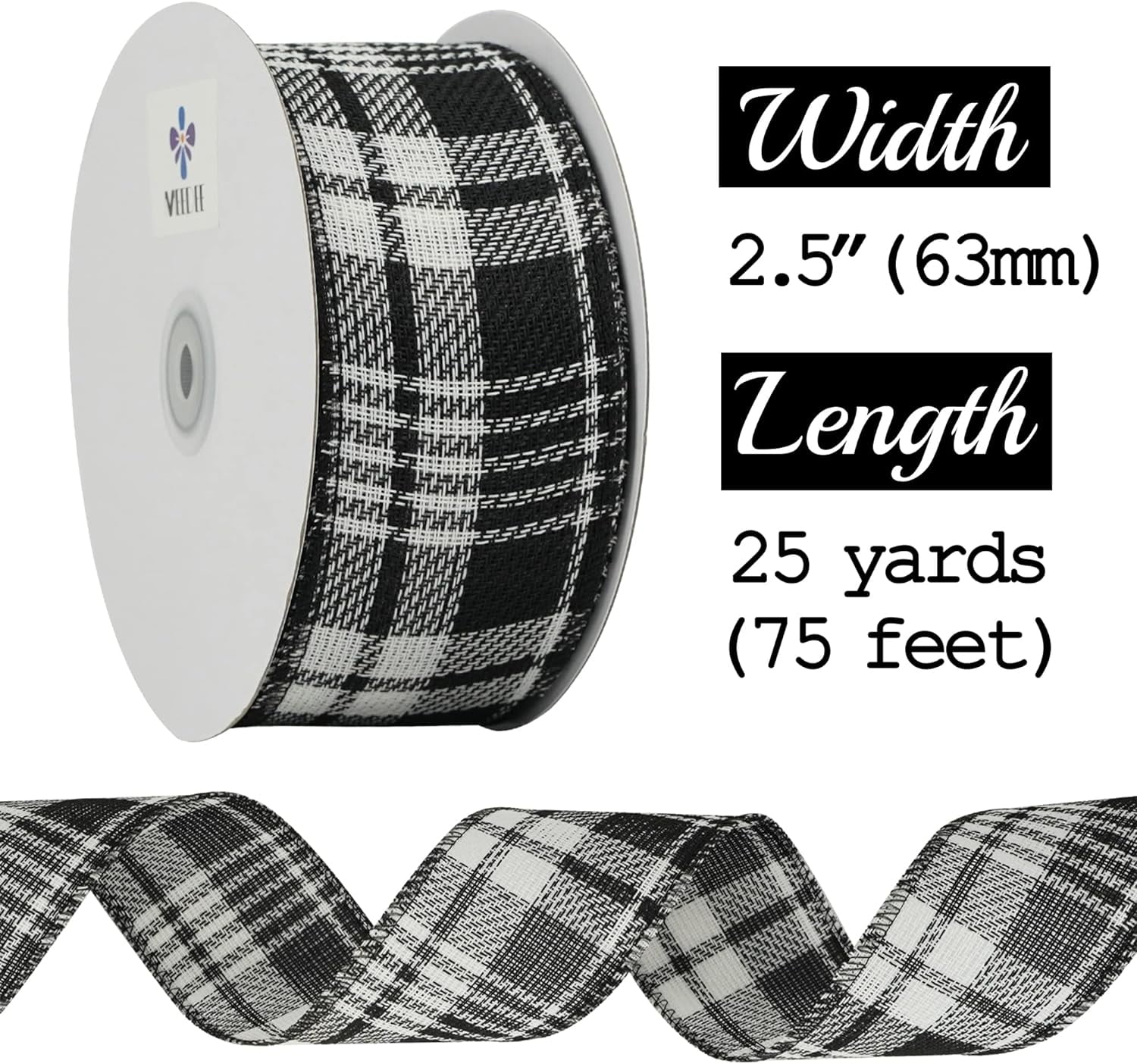 Black and White Wired Ribbon 2.5 Inch Christmas Plaid Ribbon 25 Yards Buffalo Plaid Ribbon Bulk Black and White Gingham Ribbons Checkered Ribbon for Christmas Tree