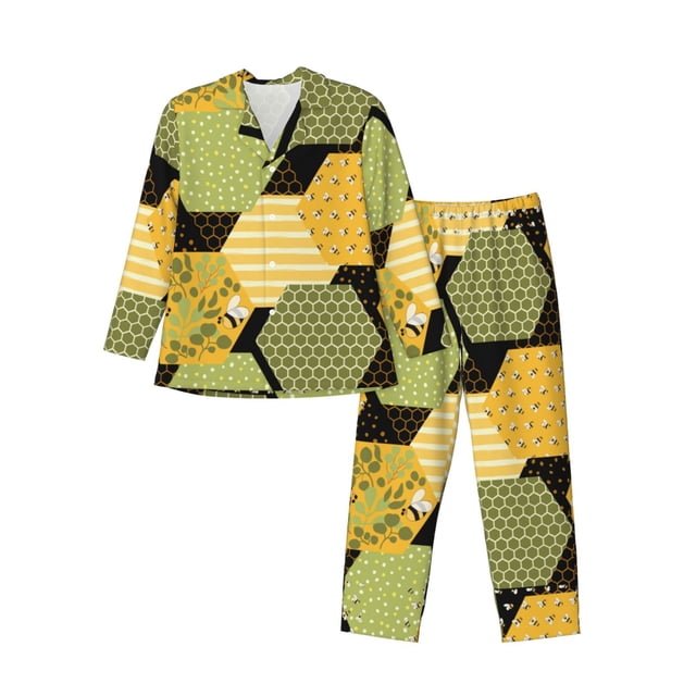 Fotbe Bee honey Pijama de Hombre con Estampado de Manga Larga, Conjunto de 2 Piezas, Ropa de Dormir Suave y Cómoda con Bolsillos-Small
