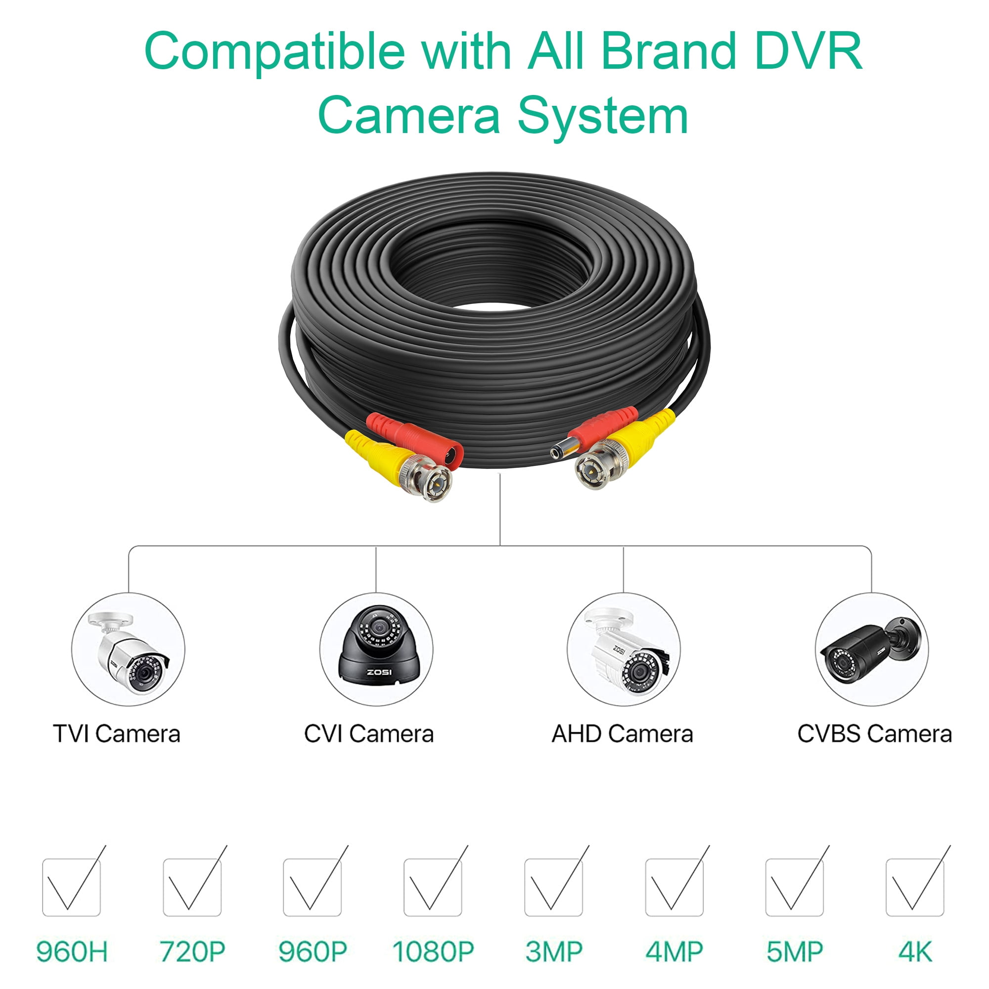 Aprelco 150ft Black BNC Video Power Cable Cord Compatible with Night Owl C-841-A10 1080P HD BNC systems