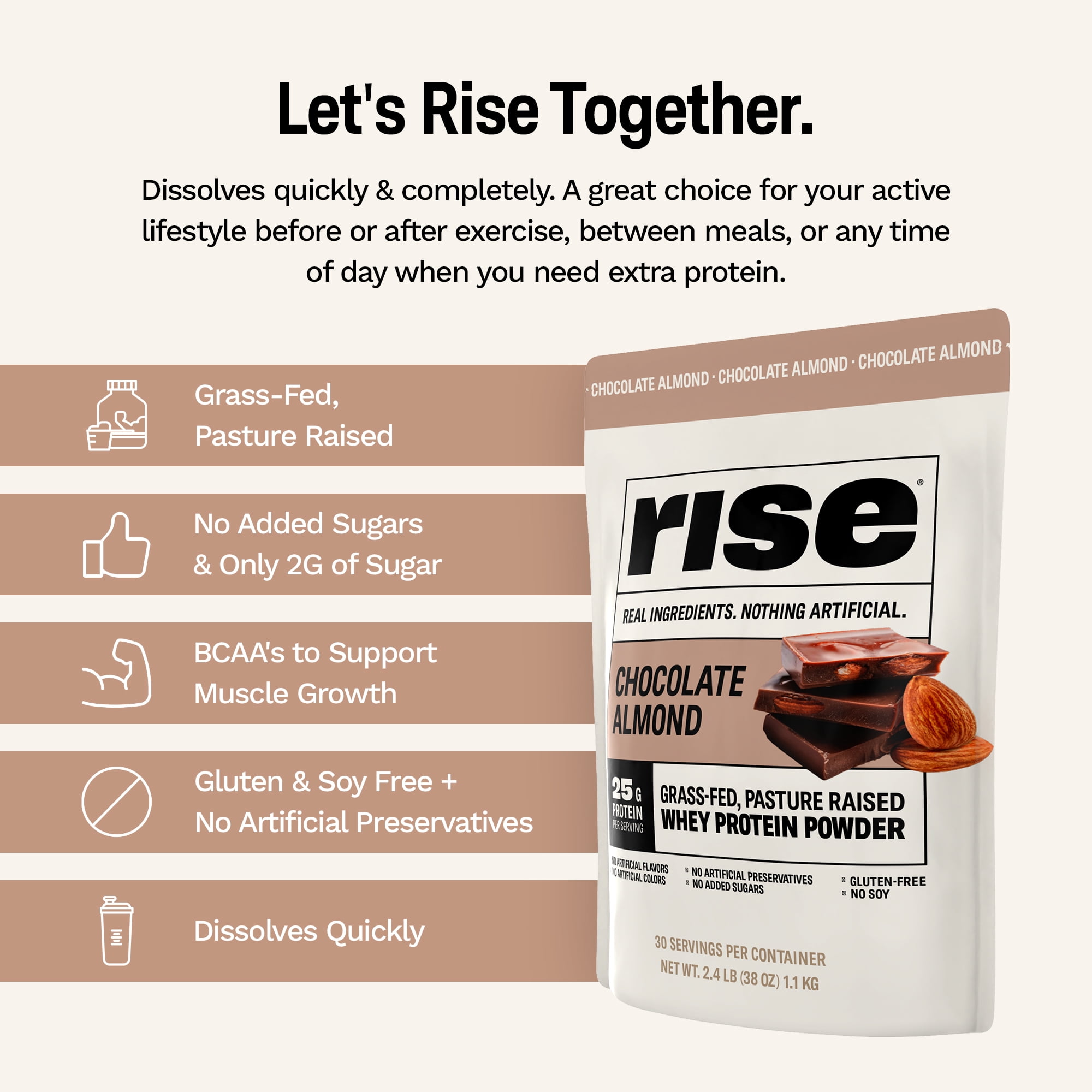 Rise Whey Protein Powder - Chocolate Almond | 25g Protein No Artificial Flavors, Colors, or Preservatives - Sugar Free, Gluten-Free, Soy Free (2.4 lbs)
