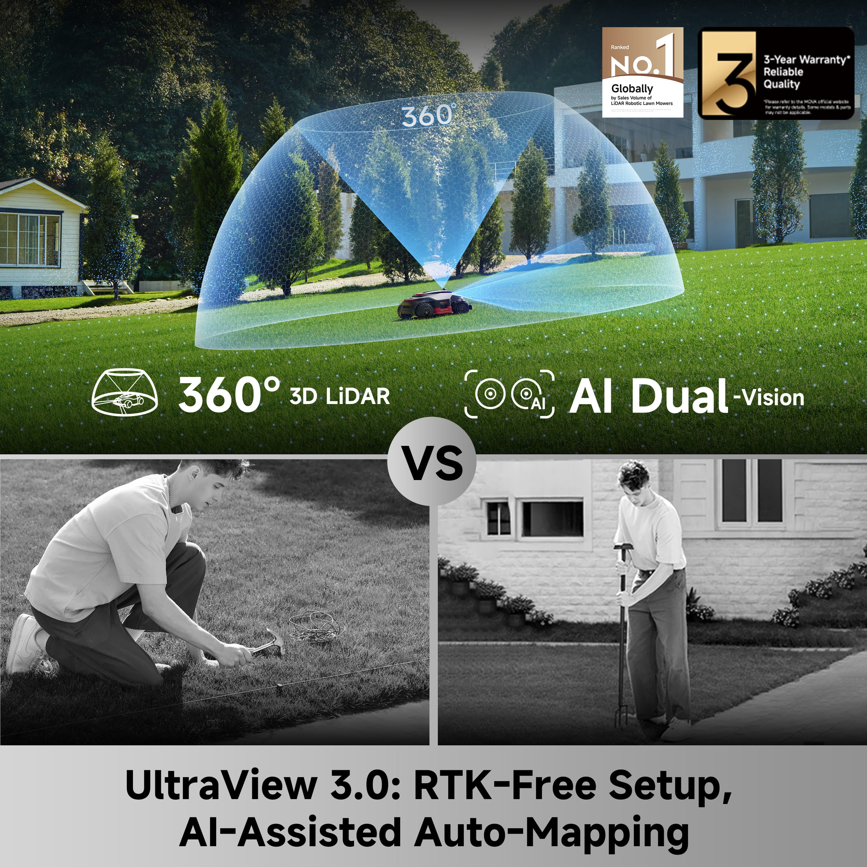 MOVA LiDAX Ultra 3000 AWD Robotic Lawn Mower, 0.75Acre,3D LiDAR, Dual Mapping and Visional Navigation