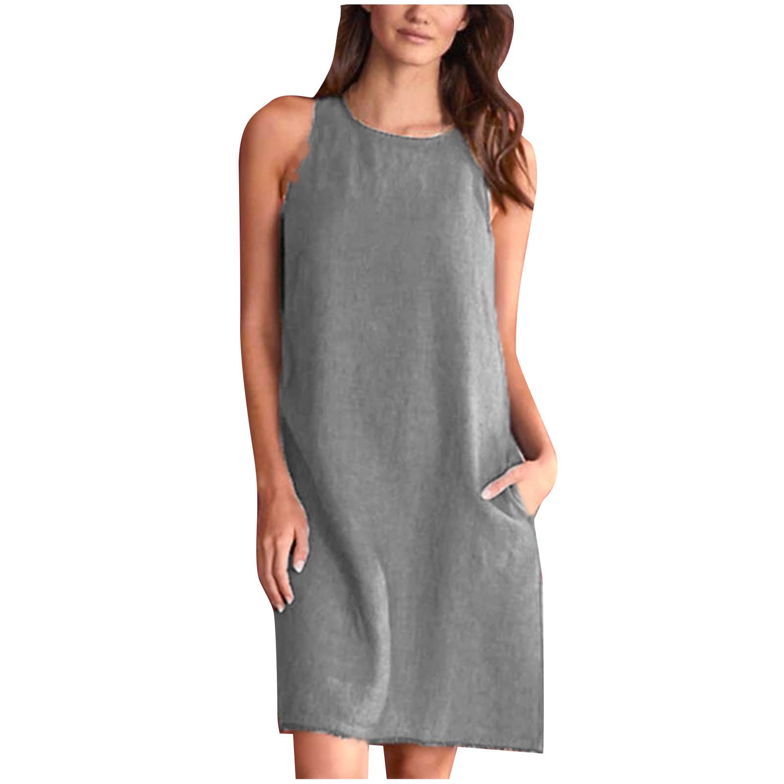 Women's Cotton Linen Tank Dresses Crewneck Plain Casual Shift