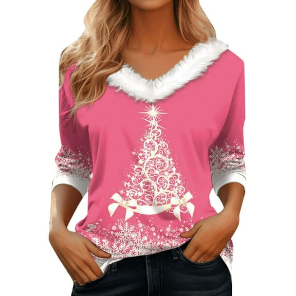 T-Shirts For Women Graphic V Neck 3/4 Sleeve Tree Print Shirts Casual Xmas Gift Clothes