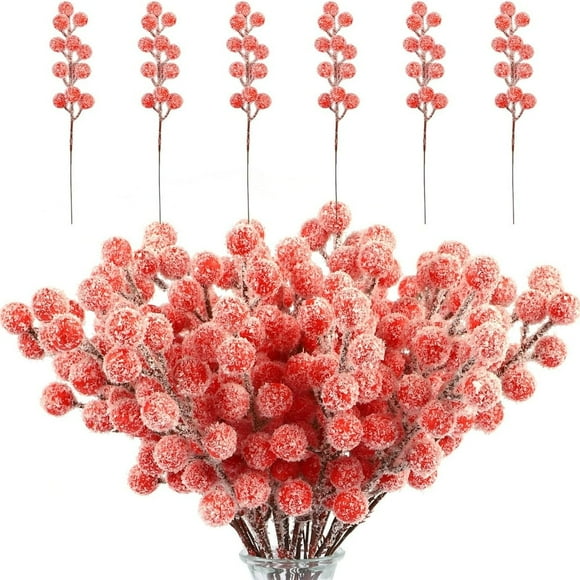40Pcs Artificial Holly Berry Stems with Snowflake 9.5Inch Frosted Christmas Tree Berries Branches Red Sprays Berry Picks for Christmas Decoration DIY Wreath Crafts Wedding Holiday Party