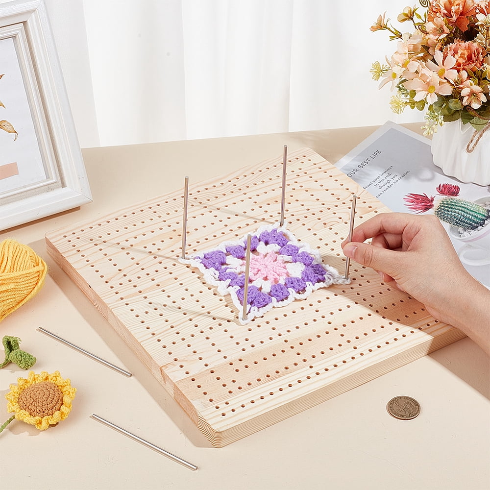 1set 13x11.8inch Crochet Blocking Board Square Wooden Blocking Mat with 24pcs 3.9" & 6pcs 5.9" Stainless Steel Rods for Handcrafted Knitting and Crocheting Sewing Gift