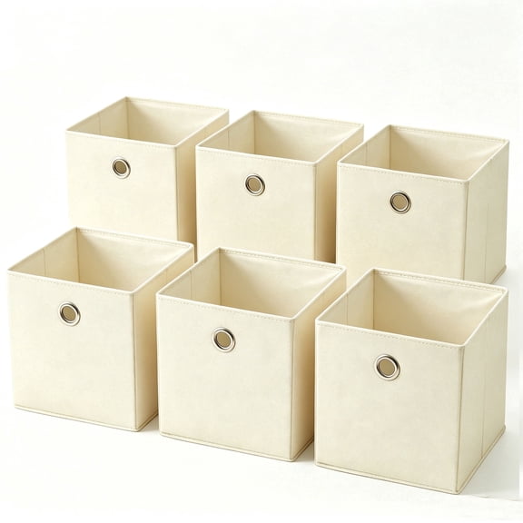 Dailivio Collapsible Fabric Cube Storage Bins (10.5" x 10.5"), Storage Cubes Organizer Baskets Bins with Handles, Beige, 6 Pack