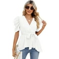 thumbnail image 2 of Yesfashion Women Dressy Deep V Neck Belted Tie Peplum Tops Empire Waist Wrap Blouse Puff Short Sleeve Shirt, 2 of 5